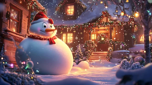 Cartoon snowman anchors luminous Christmas cottage scene