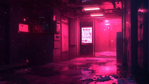Neon alleyway glows softly in the rainwashed night air