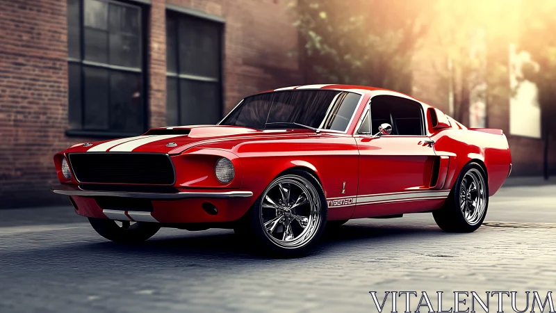 Crimson street rocket idling in soft golden city haze.