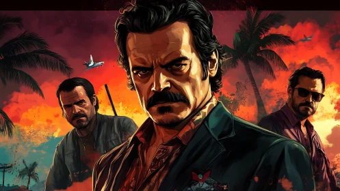 Tense trio of men stands against blazing tropical sunset sky