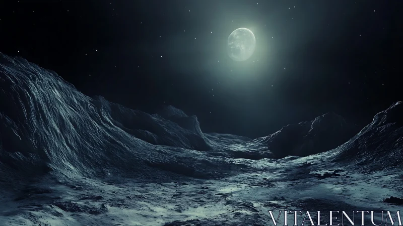 Moonlit rocky landscape shows cratered terrain under stars