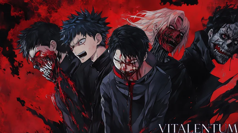 Blood-drenched humanoid ghouls in staggered frontal lineup