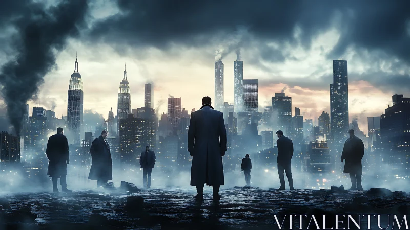 Men in coats facing dense urban skyline in heavy fog.
