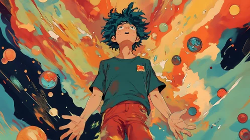 Chromatic kinetic burst around astonished anime protagonist.