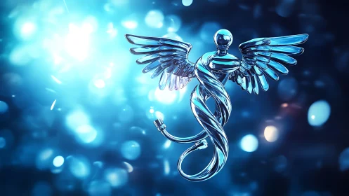 Chrome caduceus symbol glows within blue clinical bokeh.