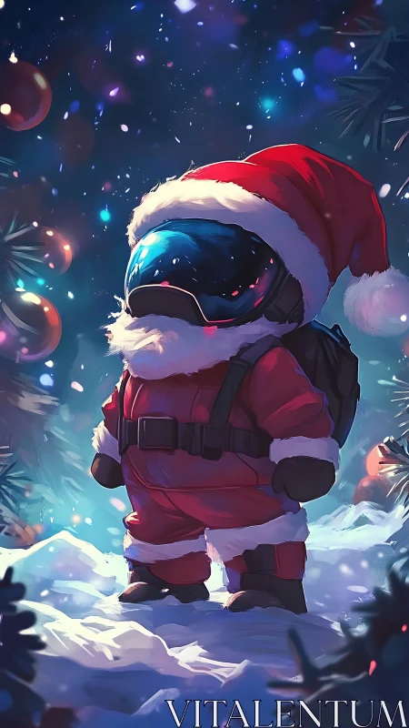 Tiny spacefaring Santa explores glowing snowy forest night