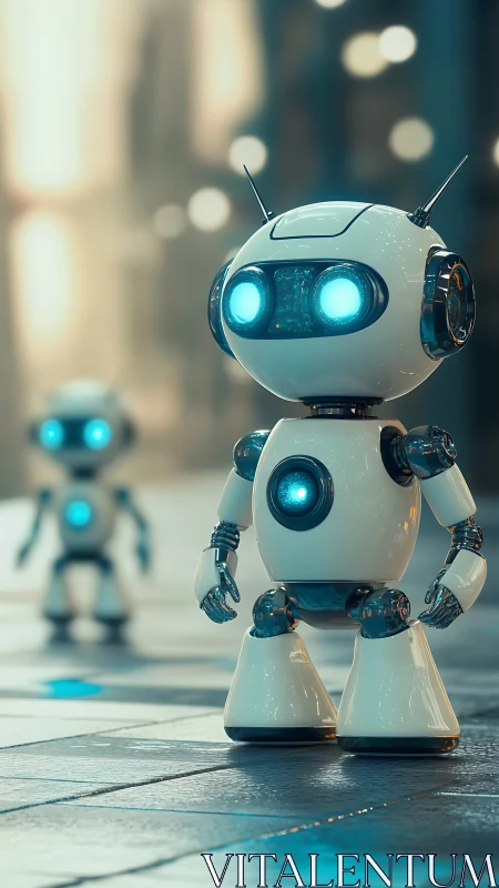 Curious little robots explore a softly glowing city street