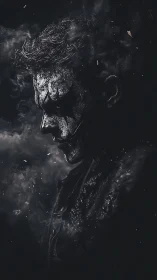 Textured profile portrait maps cracked makeup into drifting smoke