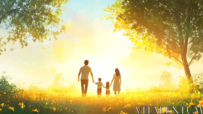 Silhouetted family walks through backlit meadow at sunrise
