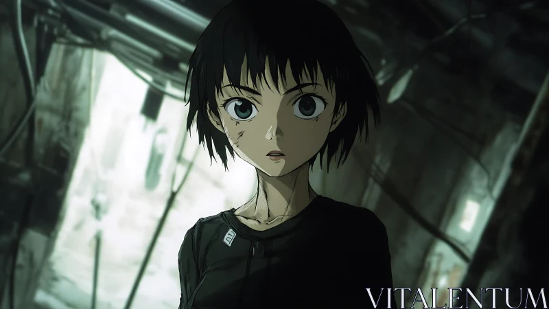 Grim corridor portrait in high-contrast anime composition.