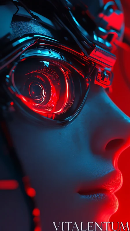 Cybernetic gaze in neon red and teal close-up portrait.