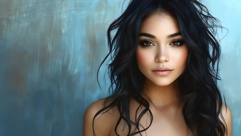 Soft gaze beneath windswept midnight waves of hair.