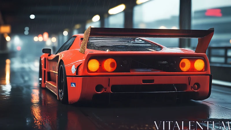 Red supercar waits in rainy city light, glowing taillights.