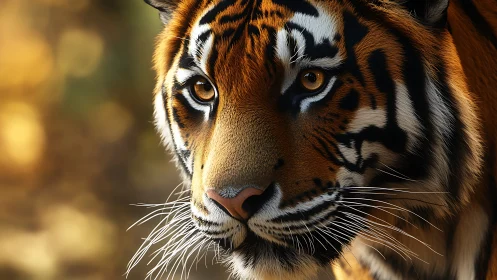 Close frontal profile of striped tiger in soft focus light.