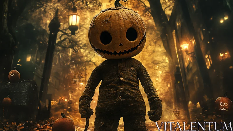 Pumpkin-headed figure stands in backlit autumn street with cinematic depth