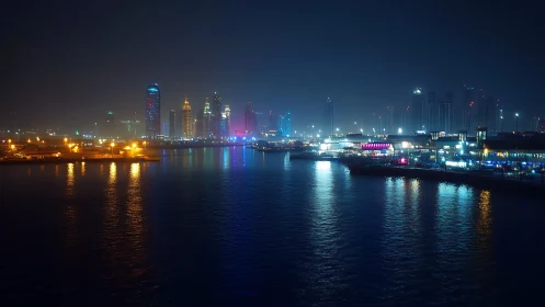 Coastal city skyline at night with illuminated waterfront.