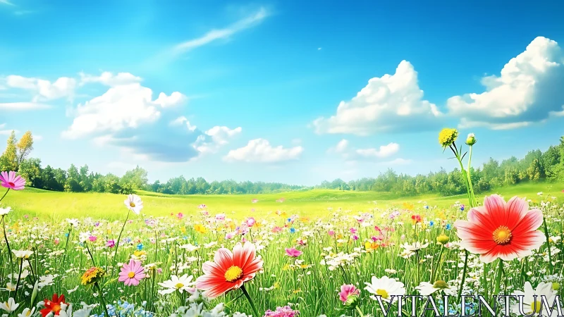 Sunlit wildflower meadow opens under a bright summer sky