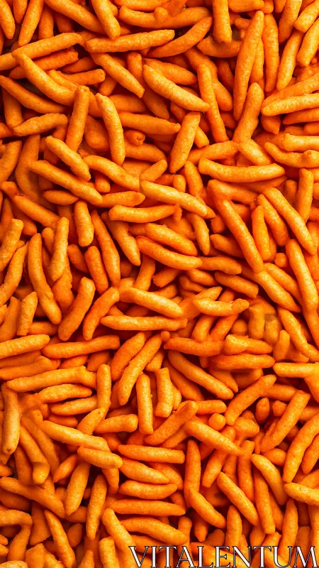 Uniform arrangement of orange cheese snack puffs viewed close.