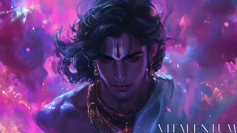 Mystical male figure in glowing purple and pink aura.