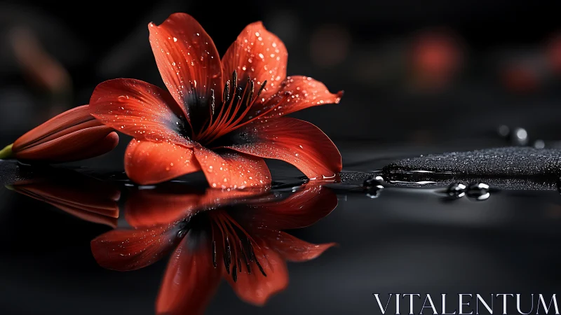 Scarlet lily rests on dark reflective water in serene stillness