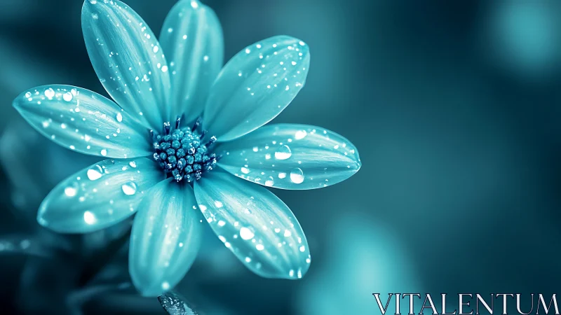 Cyan Daisy with Hydrophobic Petals and Dew Droplet Macro