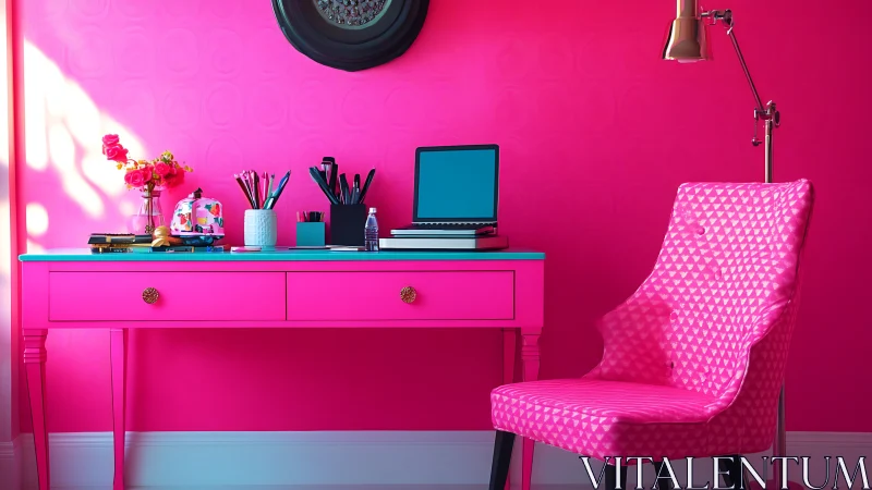 Bold pink home office desk with laptop and patterned chair.