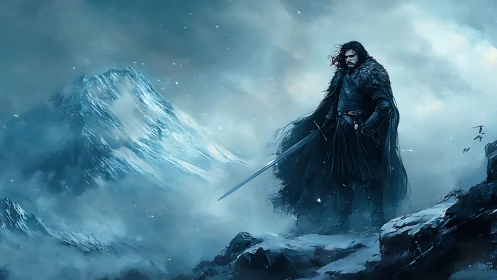Lone warrior faces stormy frozen peaks in icy silence.