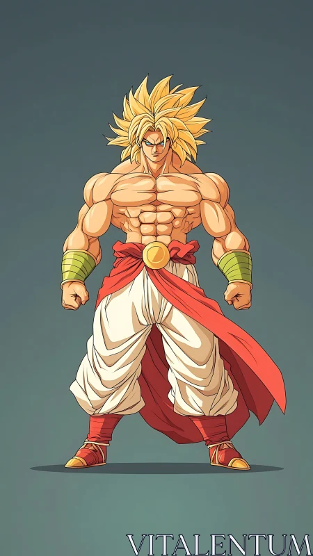 Muscular anime warrior in golden aura stance illustration.