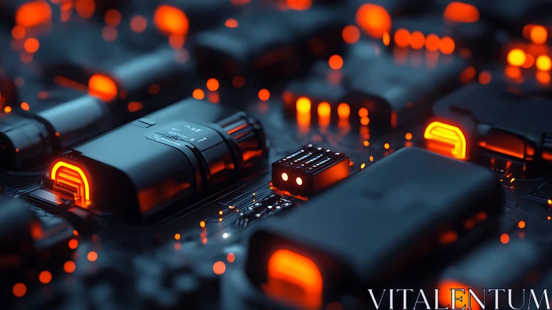 Glowing microchips illuminate dark futuristic circuit board