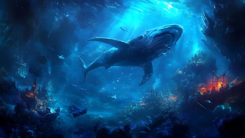 Majestic blue whale above glowing submerged cityscape.