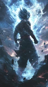 Energy-charged warrior emerges amid swirling cosmic storm.