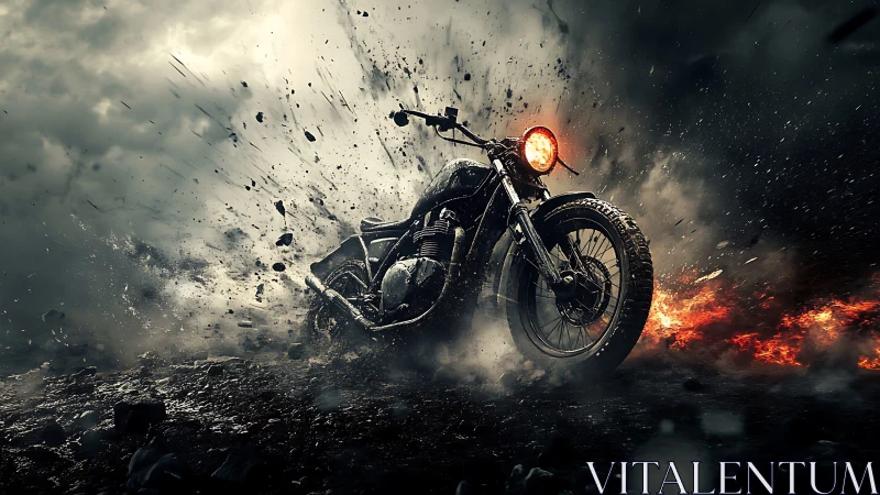 Storm-lit motorcycle bursting through fire and flying dirt.