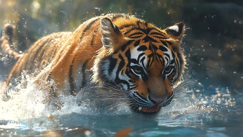 Tiger charges through sunlit water with focused intensity