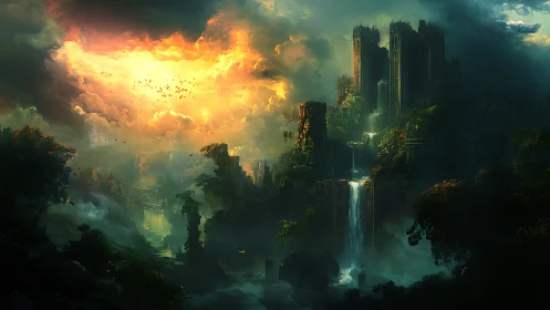 Vertical jungle megastructures align under volatile luminous sky