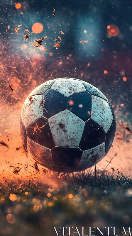 Photorealistic soccer impact with dynamic bokeh lighting.