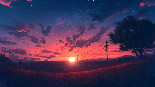 Quiet hillside sunset bathes rural power lines in flame-kissed sky