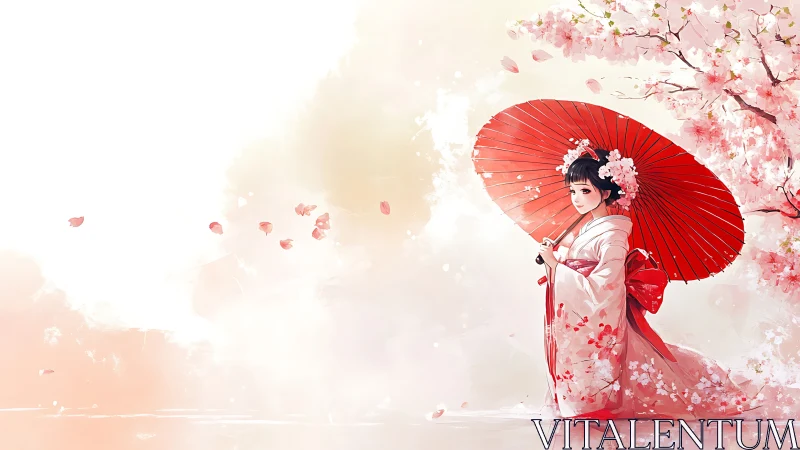 Japanese girl in kimono with red umbrella and blossoms.