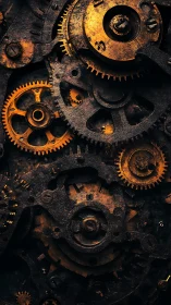 Rustic brass clockwork gears in dense mechanical mesh.