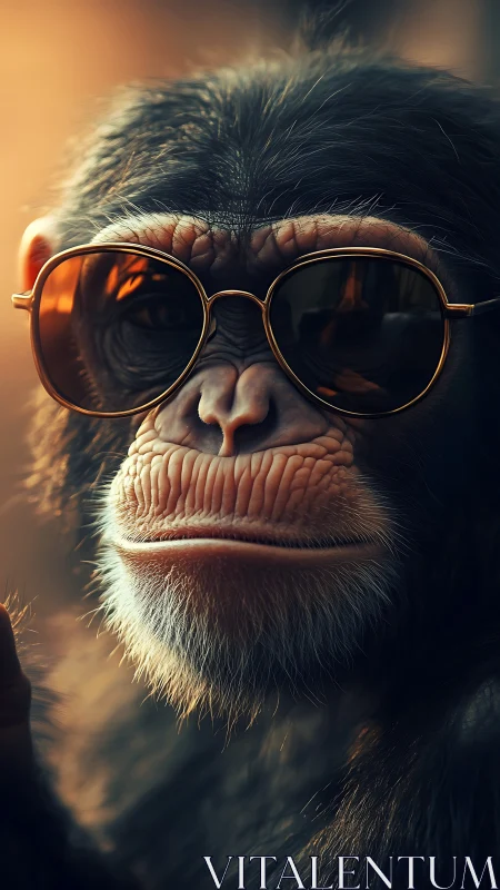 Cool chimp portrait wears sunglasses in warm golden light