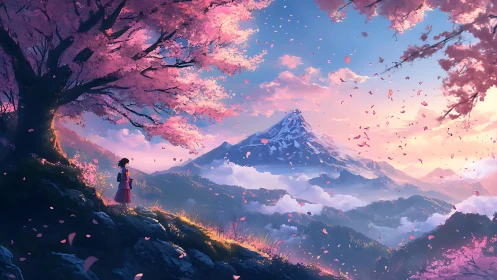 Quiet girl beneath sakura skies and distant snowy mountain.