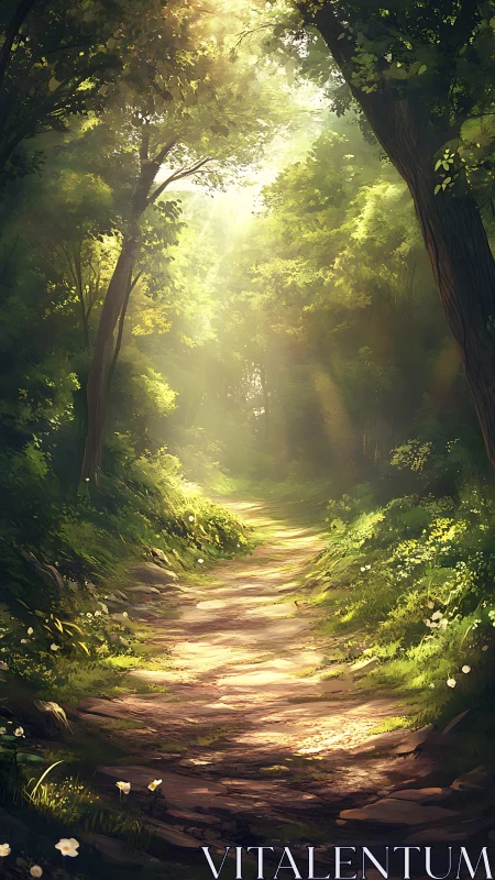 Sunlit forest path with tall trees and golden light beams