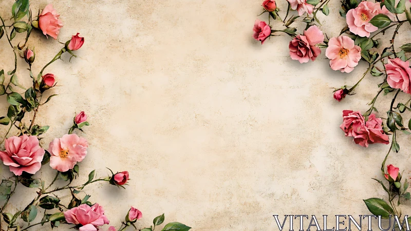 Pink roses and buds arranged on textured beige surface.