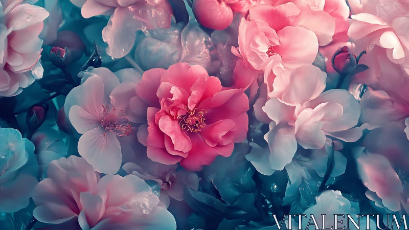 Layered Peony Garden Composition in Soft Pink and Teal Palette.