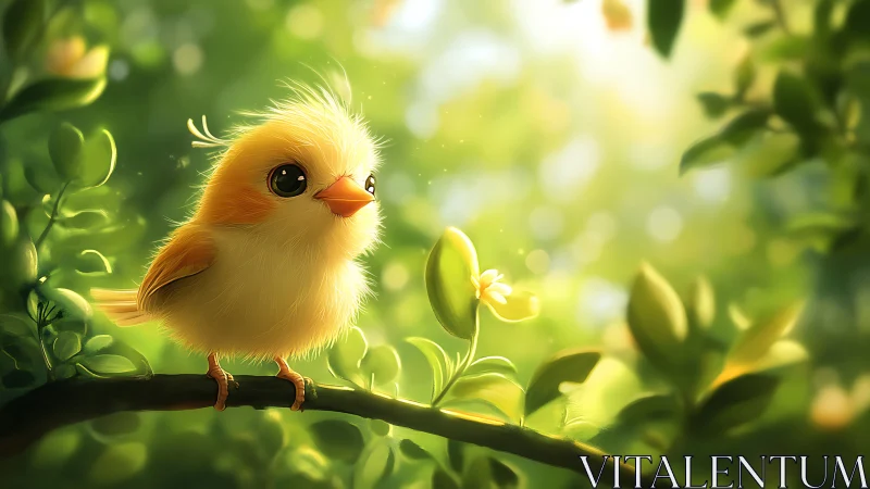 Sunlit fluffball studies a single blooming forest jewel