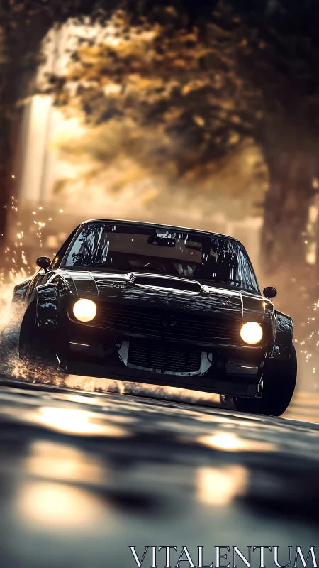 Retro performance coupe powers through reflective wet street.