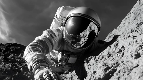 Astronaut climbs rocky lunar ridge in stark monochrome.