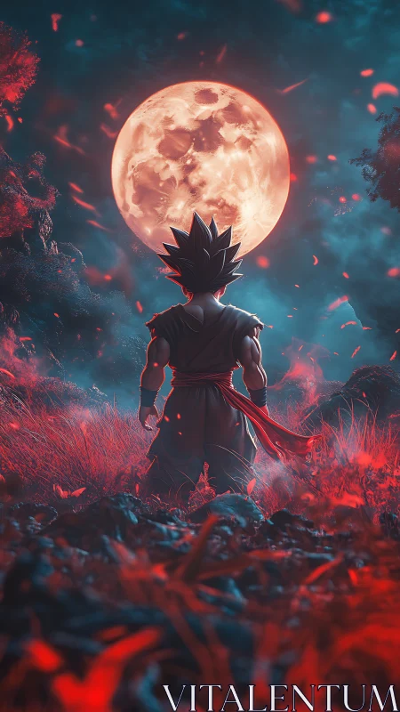 Saiyan warrior stands beneath a blood-red supermoon.