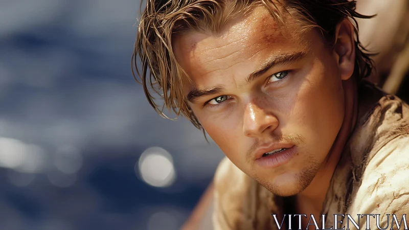 Sunlit young man gazes intently against a softly blurred sea