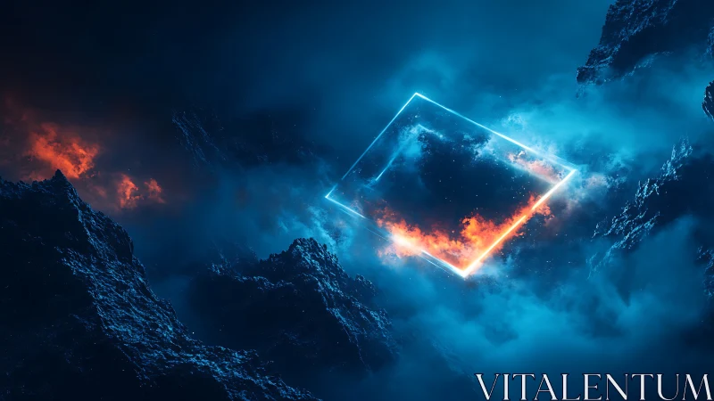 Glowing neon portal cuts through stormy cosmic canyon clouds