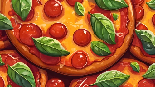 Pepperoni basil pizzas rendered in bold digital illustration.